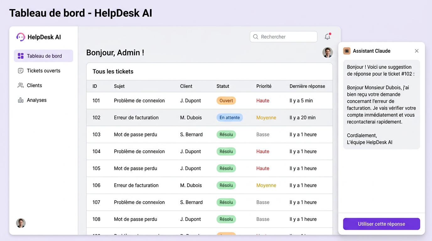 Tableau de bord support client avec liste de tickets et barre latérale d'assistant IA.