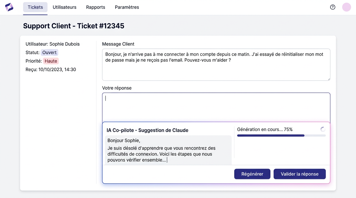 Vue de génération de réponse IA avec effet de texte en streaming.