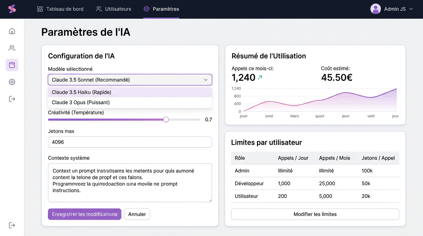 Paramètres admin pour la sélection du modèle IA et les limites de débit.