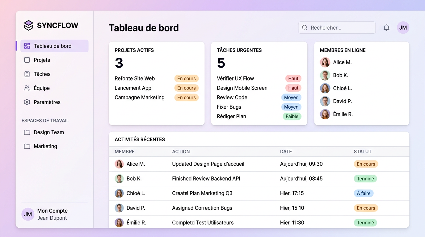 Tableau de bord SyncFlow montrant la progression des projets et les tâches récentes.