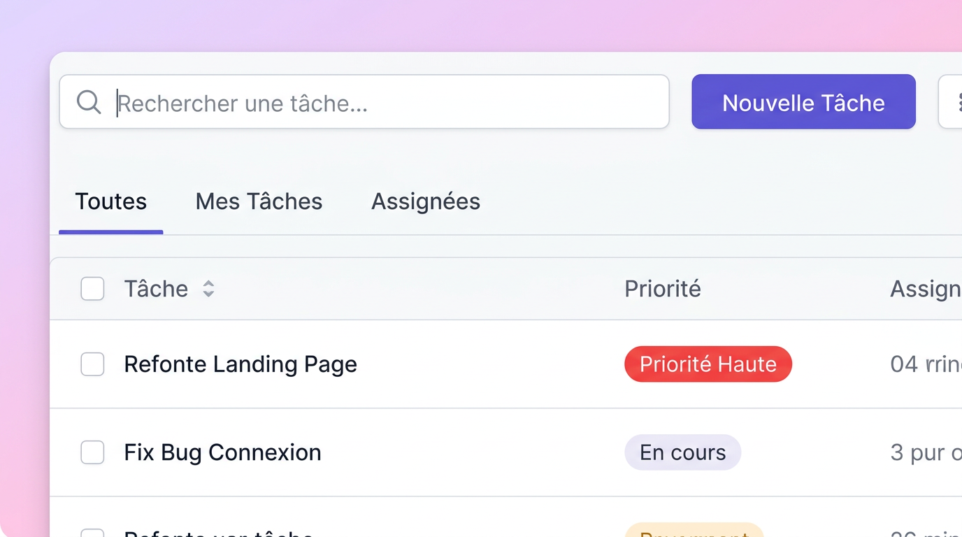 Vue en liste des tâches avec filtres.