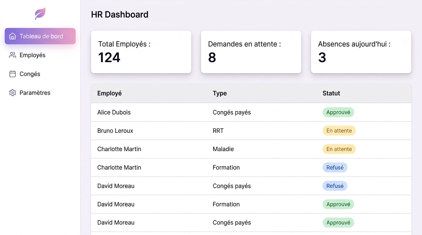 Interface principale du Dashboard RH avec navigation et cartes de statistiques.