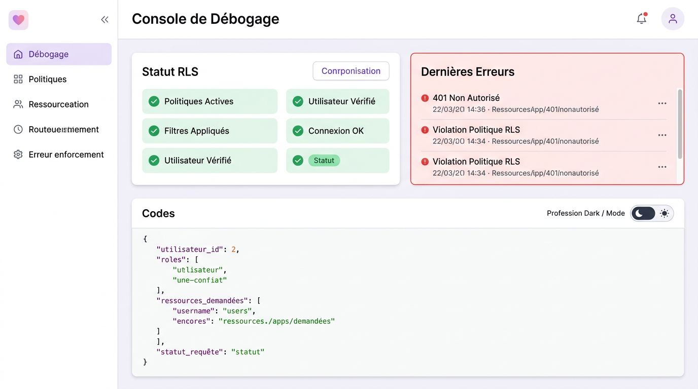 Panneau de débogage administrateur montrant les logs API et le statut RLS.