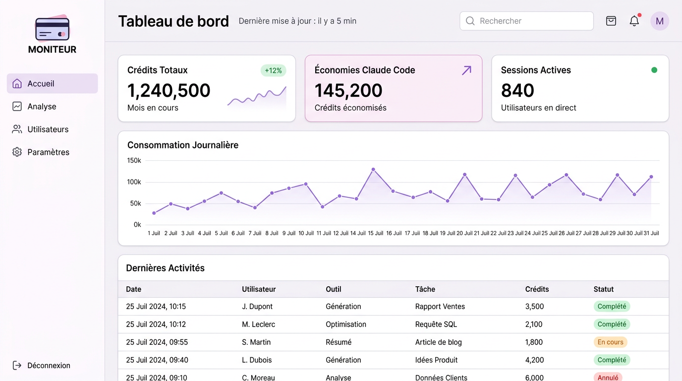 Tableau de bord affichant les statistiques de consommation de crédits avec Lovable et Claude Code.