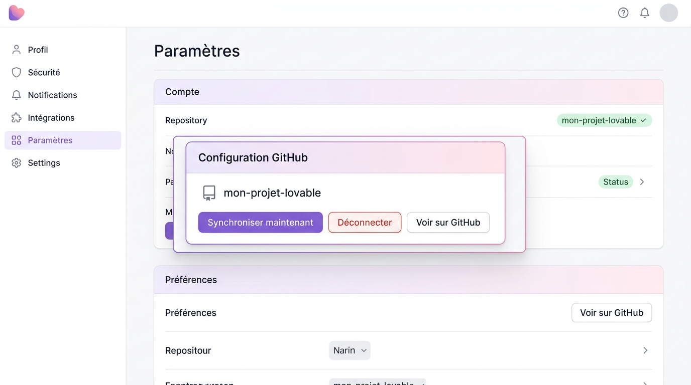 Paramètres de synchronisation GitHub dans une interface d'application web.