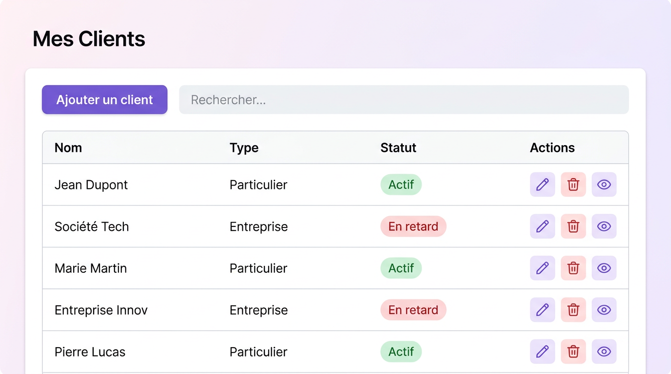 Tableau CRM de gestion client avec badges de statut.