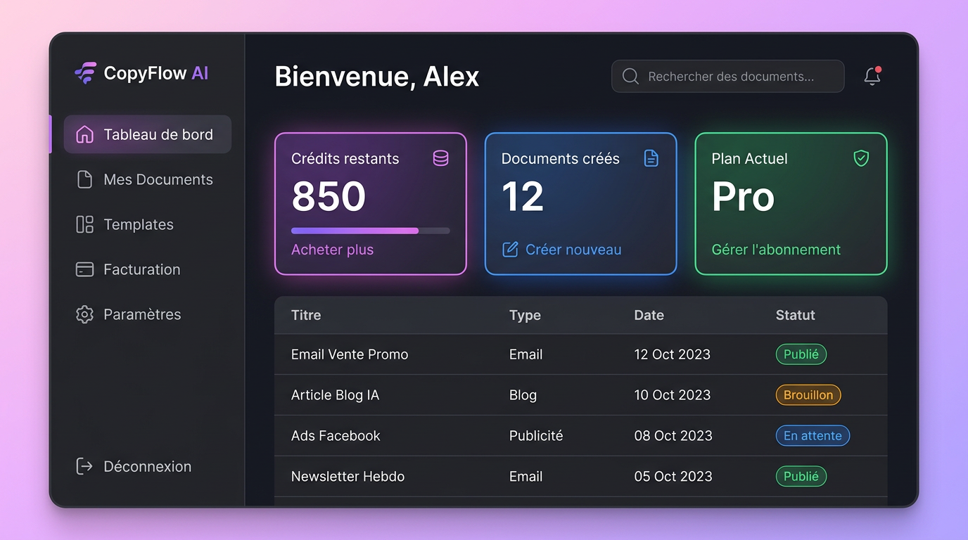 Tableau de bord du SaaS de copywriting avec stats et documents récents.