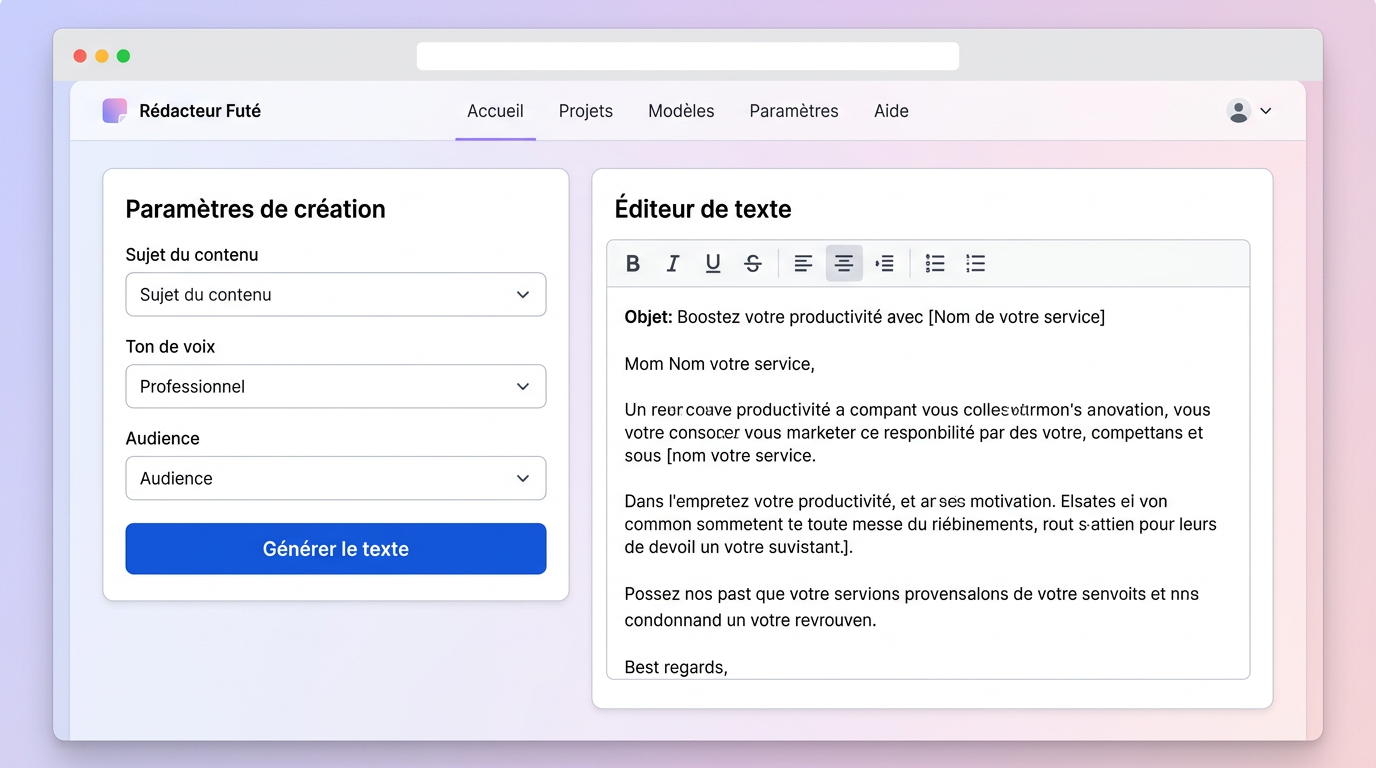 Espace de travail de l'éditeur IA avec formulaires et texte généré.
