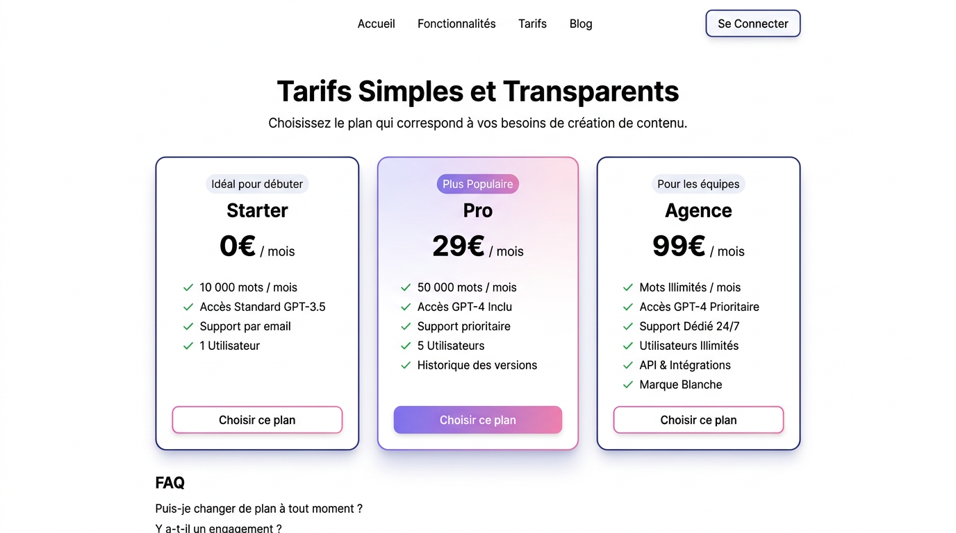 Page des tarifs et abonnements avec cartes Stripe.