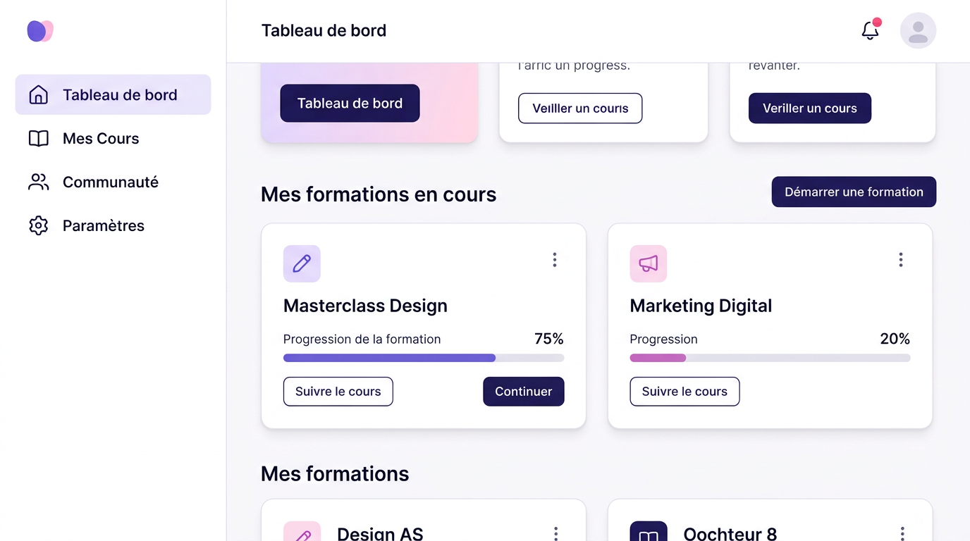 Tableau de bord étudiant affichant les cartes de progression et les sessions à venir.