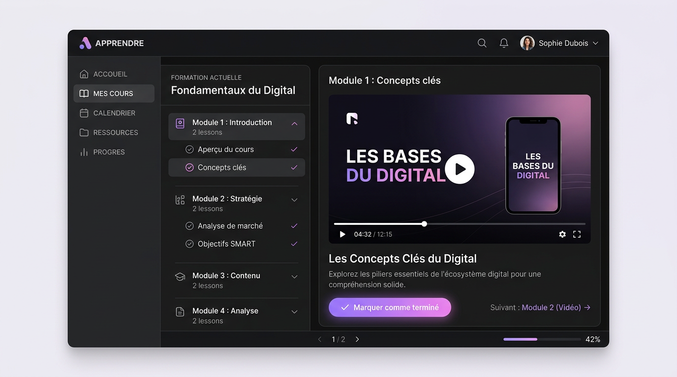 Lecteur de cours sans distraction avec vidéo et navigation latérale.