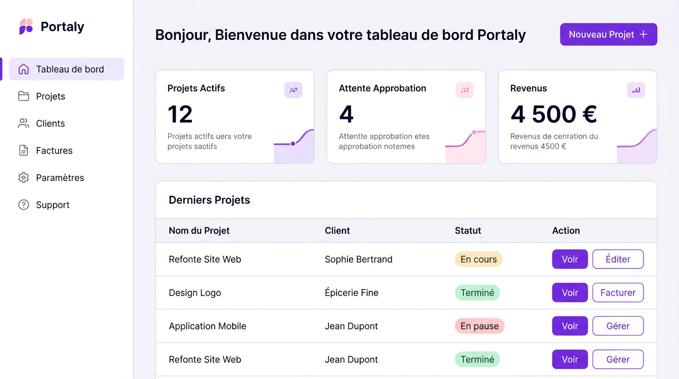 Tableau de bord freelance montrant les projets actifs et les statistiques.