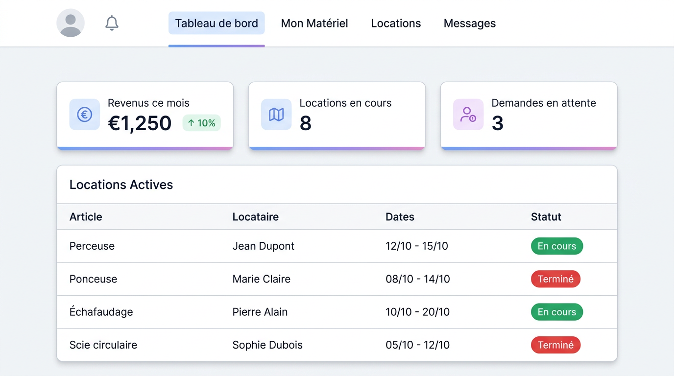 Vue du tableau de bord de la plateforme de location avec statistiques et locations en cours.