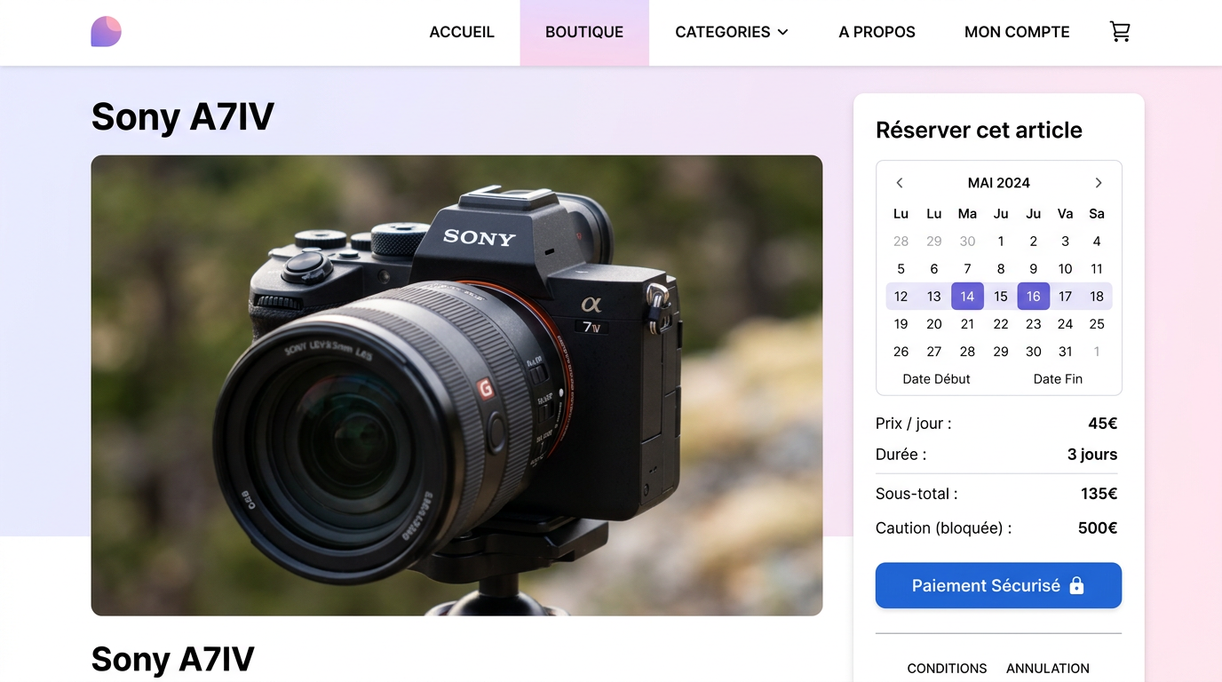 Page de détail produit avec calendrier de réservation et infos de caution.