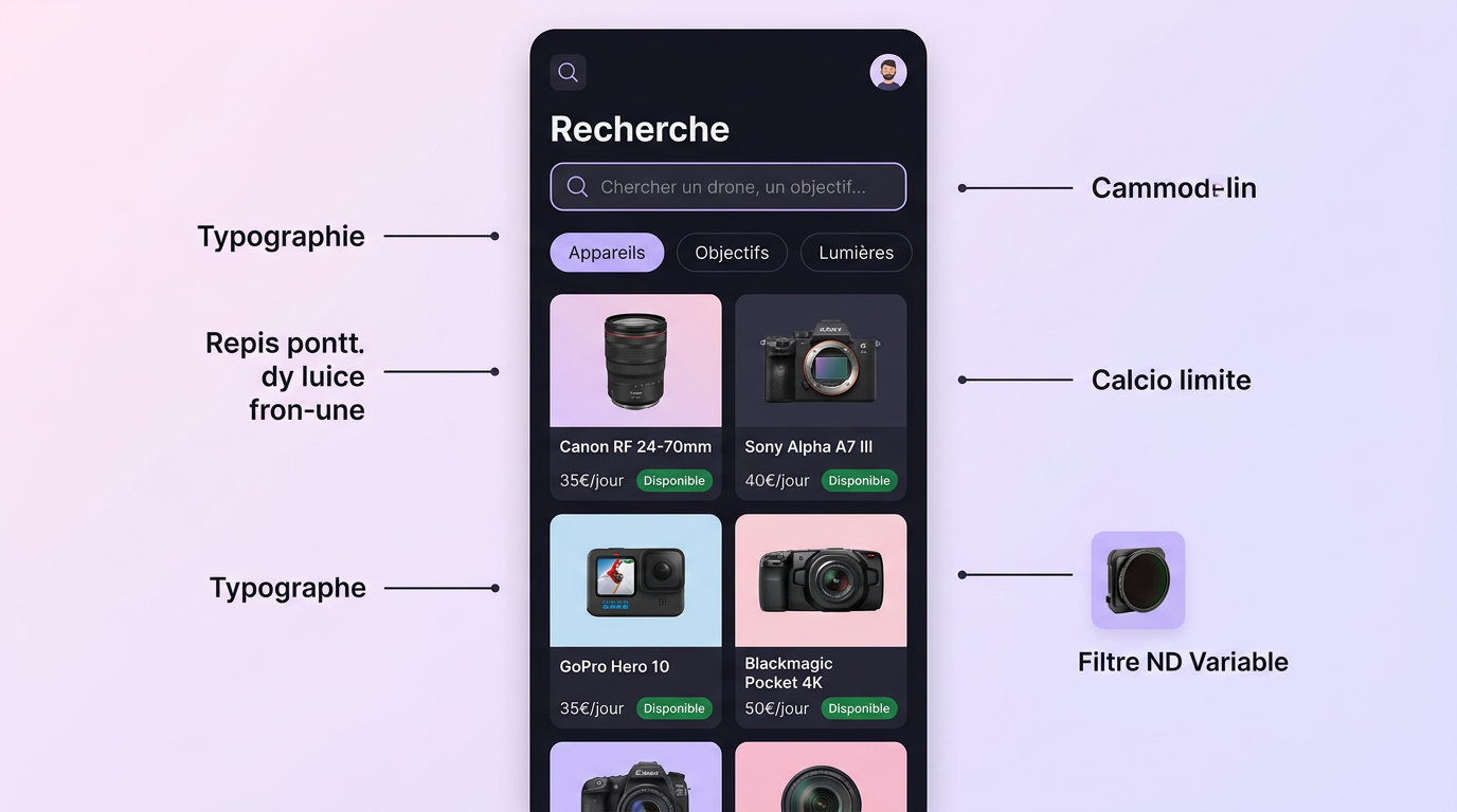 Vue mobile de la recherche d'inventaire avec filtres.