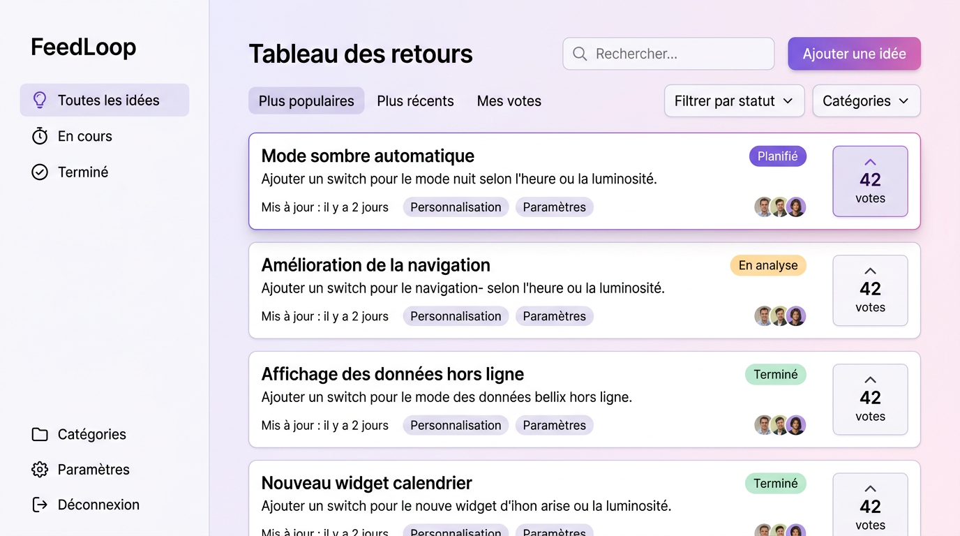 Portail de feedback public avec liste de suggestions et compteurs de votes.