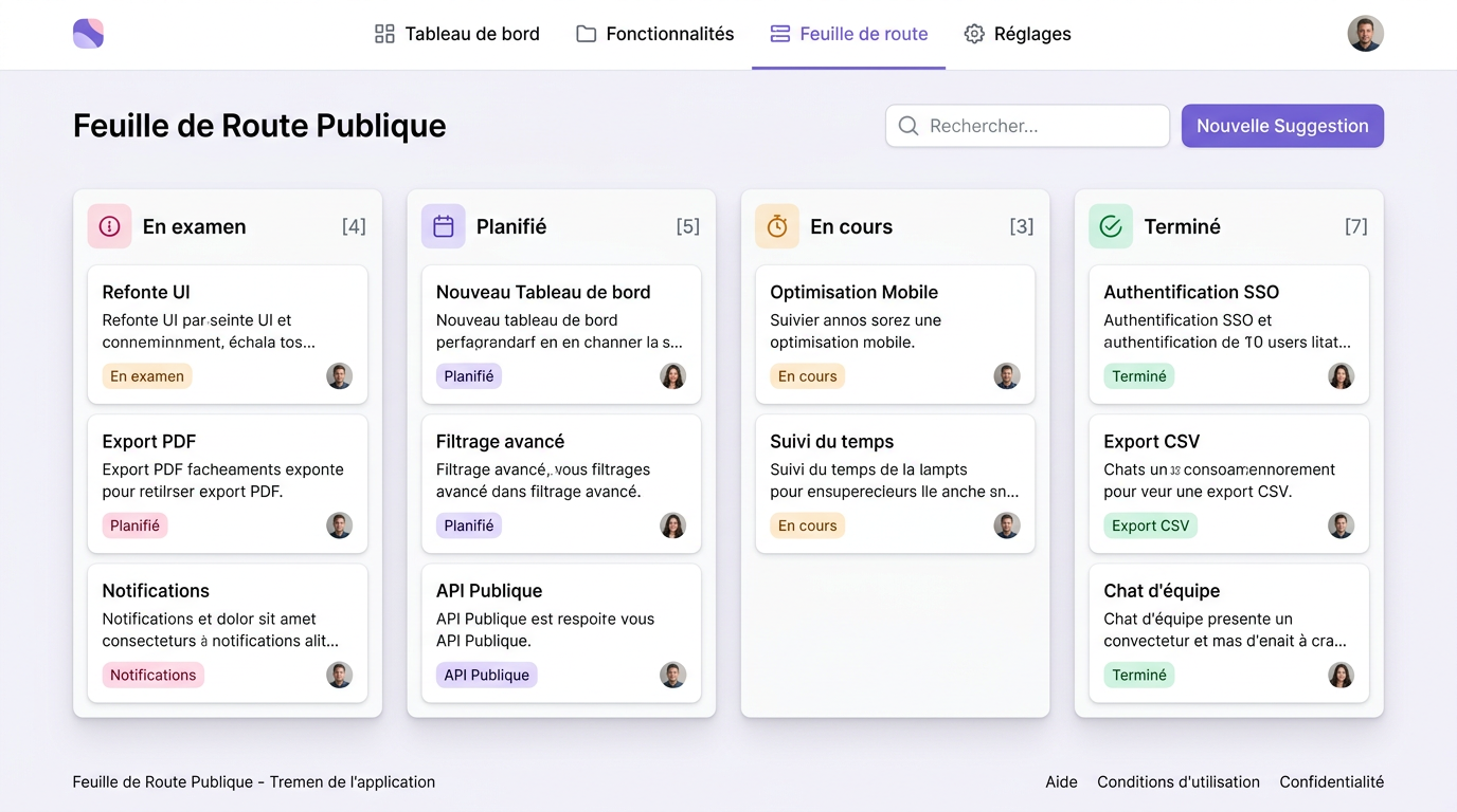 Vue Kanban de la roadmap publique montrant l'avancement.