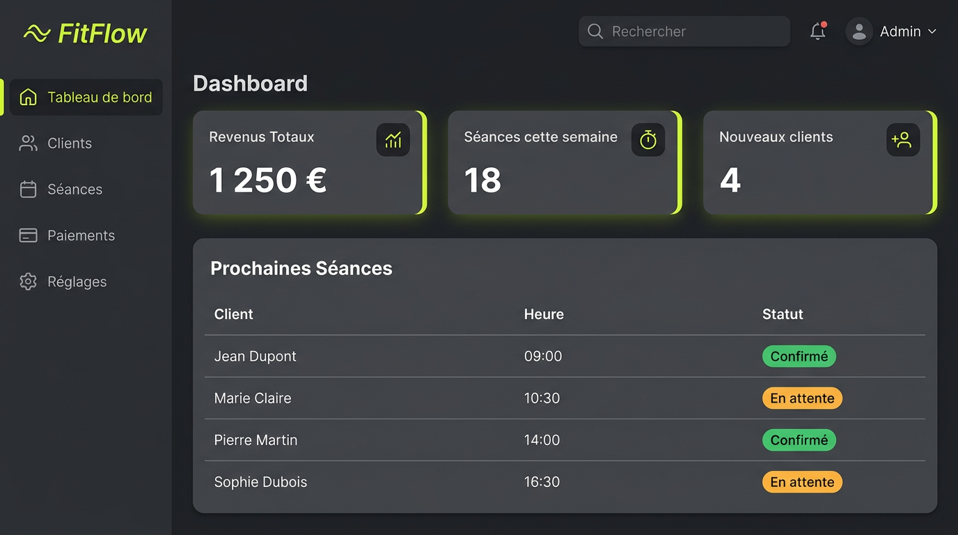 Tableau de bord d'un coach sportif montrant les stats hebdomadaires et les revenus.
