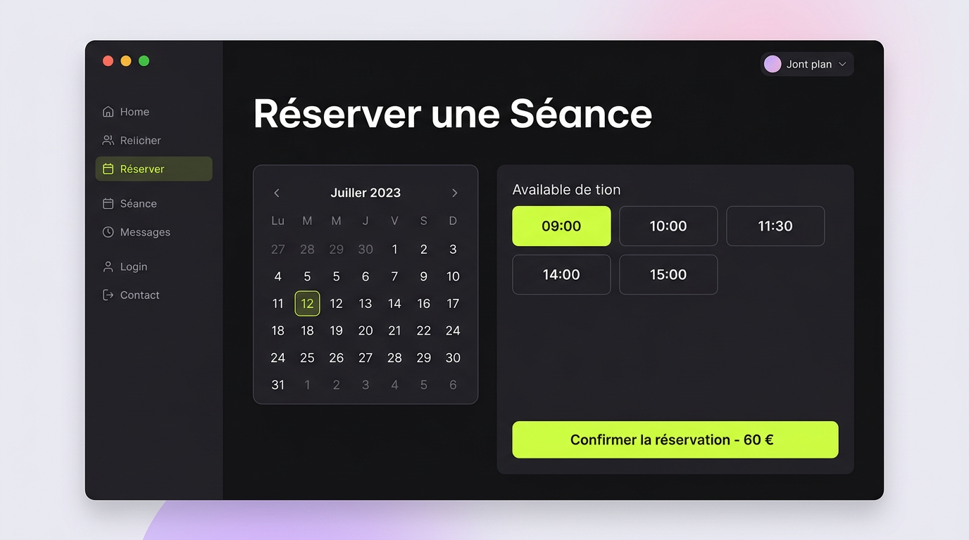 Page de réservation client avec un calendrier et des créneaux horaires.